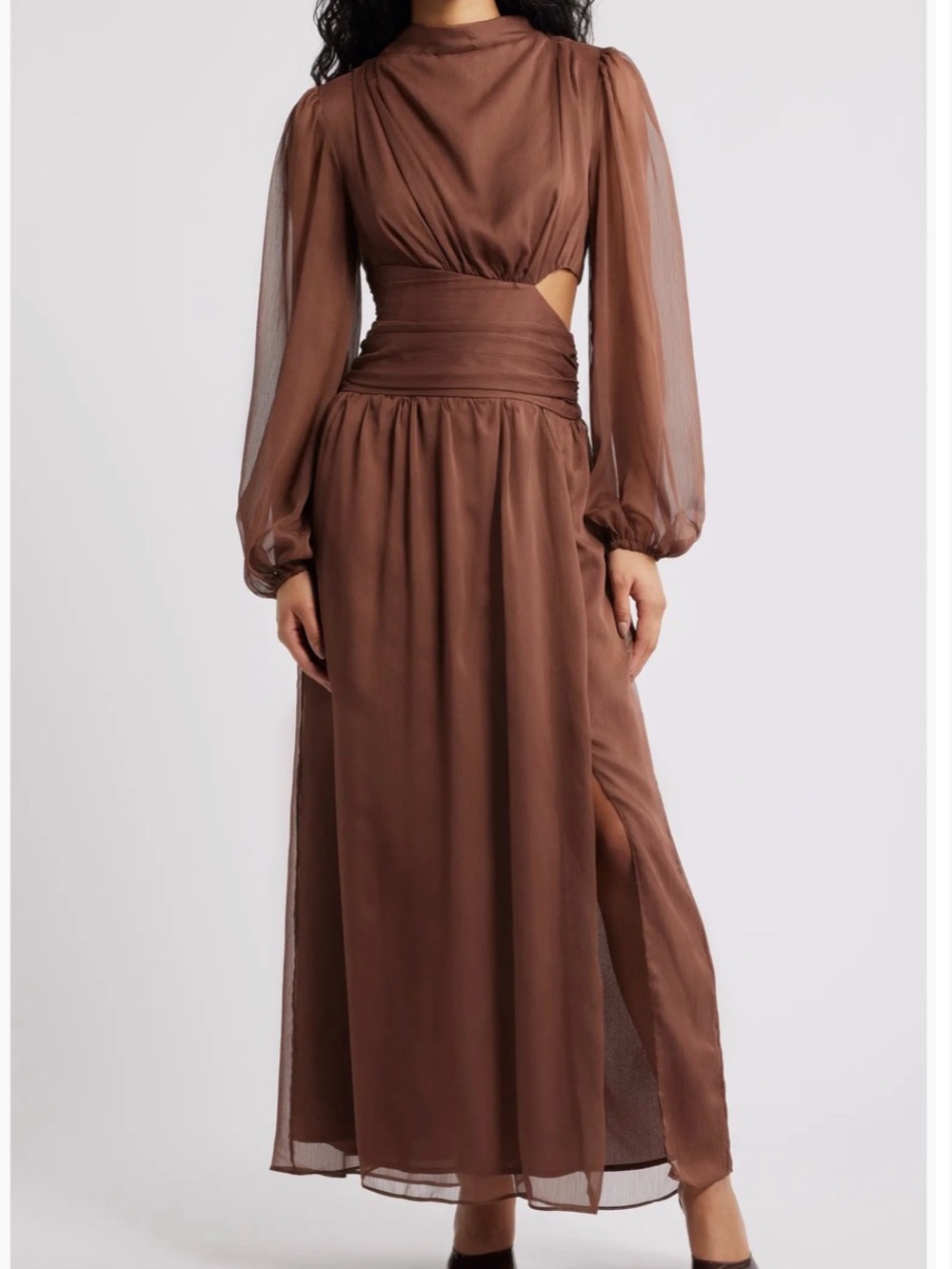Petal & Pup Brown Long Sleeve Cutout Maxi Dress 4 *Flaw
